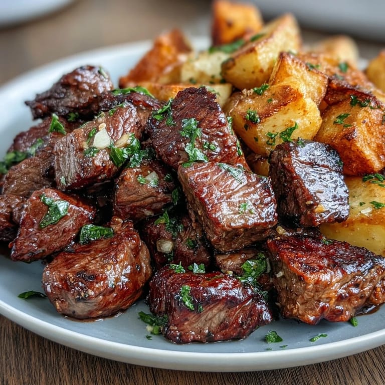 Seared steak bites and roasted potatoes tossed with fresh parsley and herbs.
