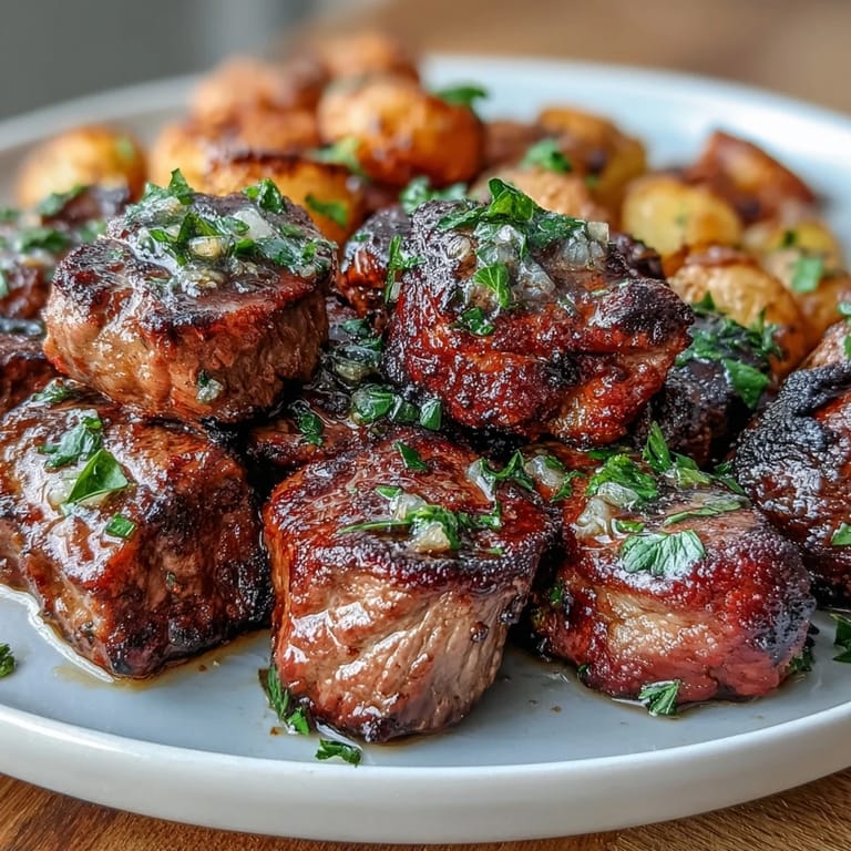 Seared Garlic Butter Steak Bites with roasted potatoes ready for a delightful dinner.