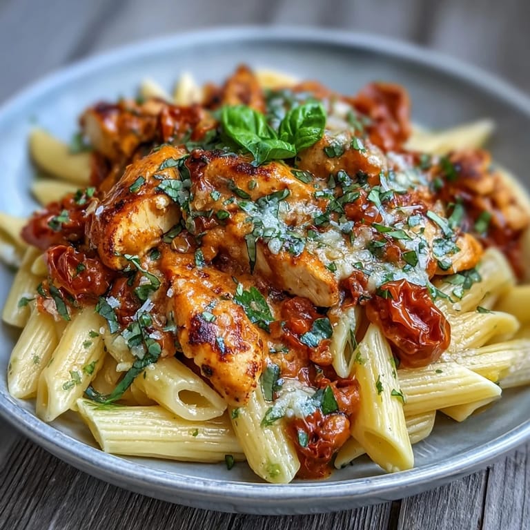 Velvety Tomato Basil Chicken Pasta bright with fresh ingredients, perfect for dinner.