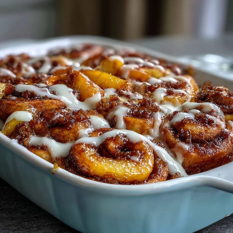Juicy peach cobbler cinnamon roll casserole topped with melted butter and icing.