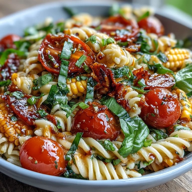Bright Summer Corn and Tomato Pasta Salad, showcasing fresh vegetables and zesty dressing.