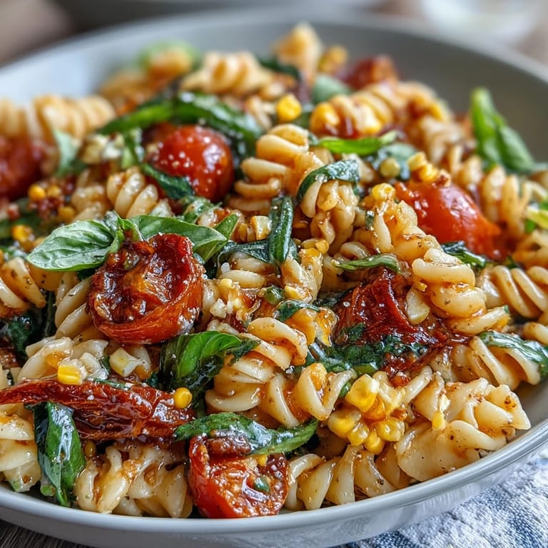 Refreshing pasta salad with corn, tomatoes, and basil, perfect for picnics.