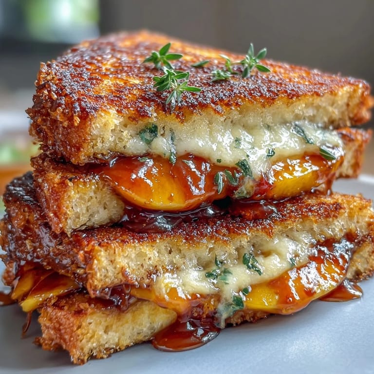 Comforting Peach Hot Honey Grilled Cheese sandwich, perfectly grilled and cheesy.