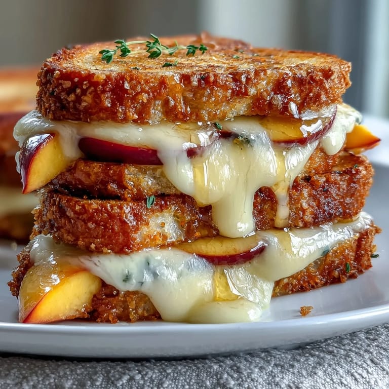 Gooey Peach Hot Honey Grilled Cheese, sweet fruit and spicy honey drizzled.