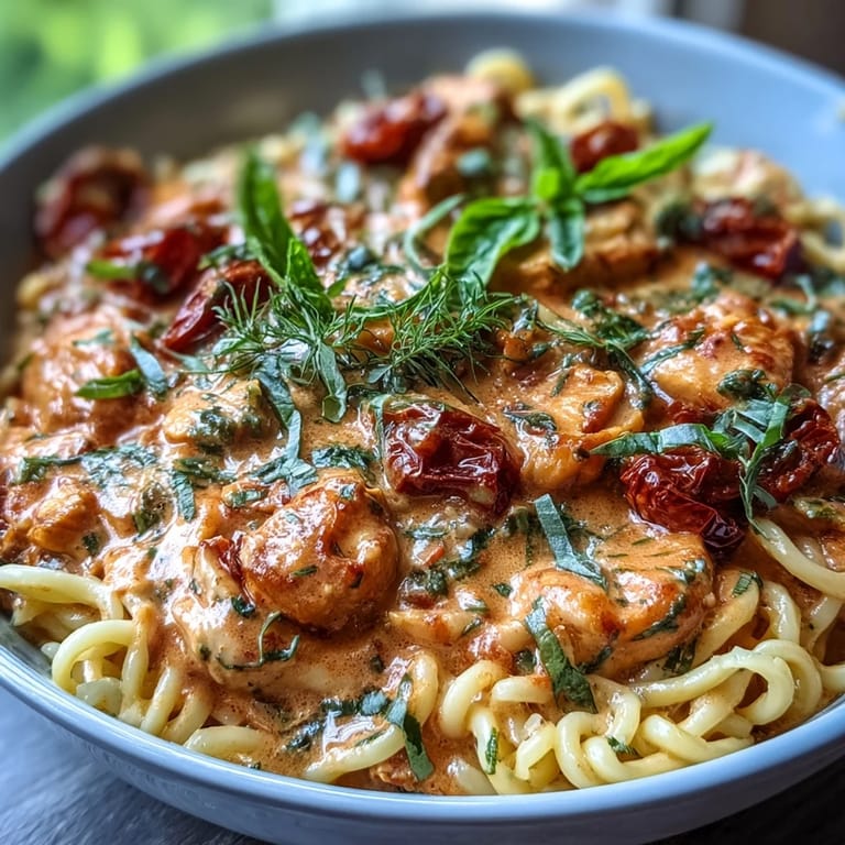 Close-up of delicious Creamy Tomato Basil Chicken Pasta, ready to be savored.