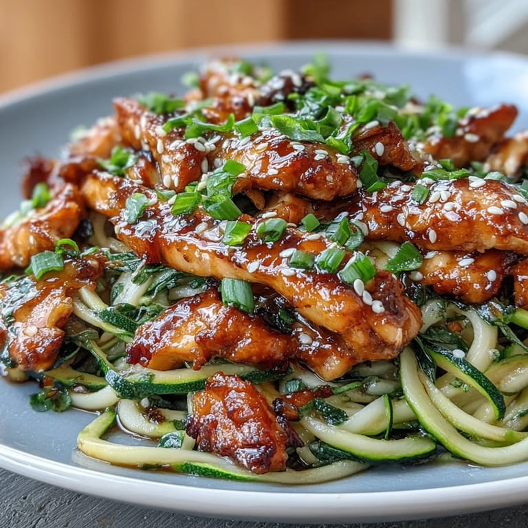 Savory honey garlic chicken over fresh zucchini noodles, a gluten-free, low-carb delight.