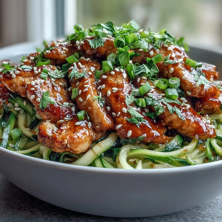 A delicious skillet meal: honey garlic chicken beautifully coats crisp zucchini noodles.