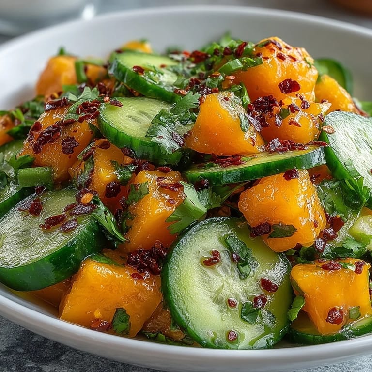 Fresh, colorful Mango Tajín Cucumber Salad topped with fragrant cilantro.