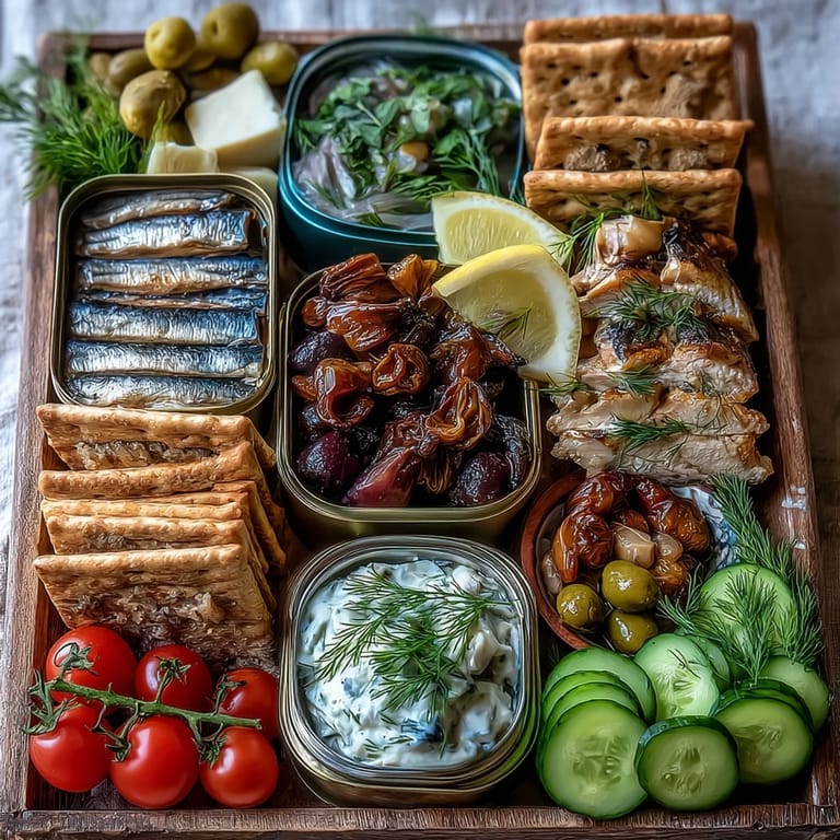 Delicious Tinned Fish Picnic Board ready for outdoor dining with lemon and dill.