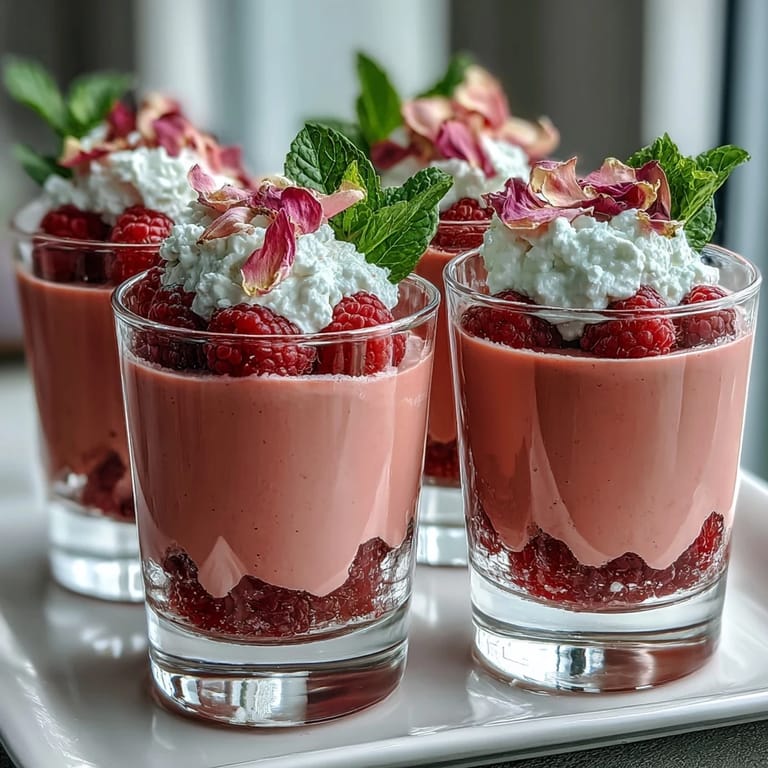 Close-up of delightful raspberry rose jello parfaits ready to be served.