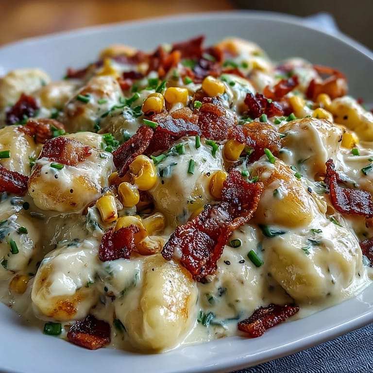 Delicious Creamy Corn and Bacon Gnocchi, coated in rich, velvety sauce.