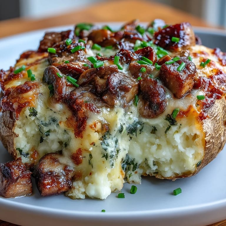 Hearty stuffed potatoes: tender steak, earthy mushrooms, creamy garlic butter, topped with cheddar.