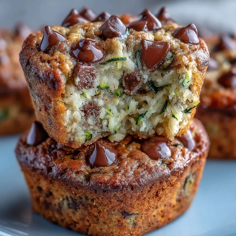 Close-up of moist Zucchini Chocolate Chip Breakfast Muffins with tempting chocolate pockets.