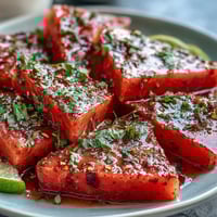 1. Fresh watermelon slices dusted with zesty Tajin seasoning and a squeeze of lime juice for a spicy, tangy summer snack.