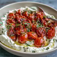 Creamy whipped feta dip with sweet roasted cherry tomatoes, perfect for dipping with pita bread or crackers.  