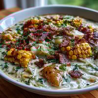 Creamy cabbage corn chowder with smoky bacon and tender potatoes in a rich, golden broth.  