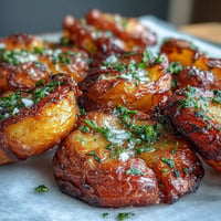 Crispy smashed potatoes with golden edges and fresh herbs, perfect for a satisfying side dish.  
