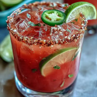 Vibrant watermelon jalapeño margarita mocktail with fresh lime and a hint of spice, served over ice in a salt-rimmed glass.