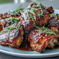Savory soy glazed chicken thighs with sticky caramelized skin, baked to perfection and garnished with sesame seeds.