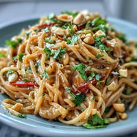 Creamy Thai peanut noodle salad with vibrant vegetables and fresh herbs in a zesty lime sauce.  