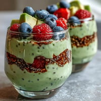 Creamy avocado chia pudding parfait layers with vibrant berries and crunchy granola topping.