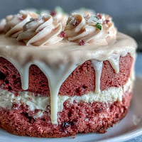 Rosé Velvet Cake photo: elegant blush pink layers with decadent gold drip garnish.