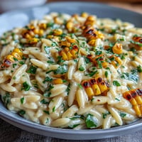 Creamy Corn Orzo with fresh chives, a comforting vegetarian dish blending tender pasta and sweet corn.
