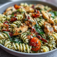 Tender chicken and al dente pasta coated in vibrant pesto in this one-pan chicken pesto pasta.