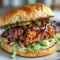 Golden, crispy hot honey chicken sandwich with pickles on a brioche bun.