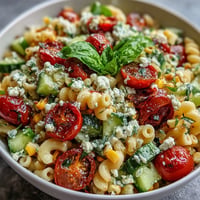 Colorful Summer Corn and Tomato Pasta Salad bursting with fresh garden vegetables.