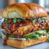 Crispy hot honey chicken sandwich glistening under spicy sweet drizzle on a bun.