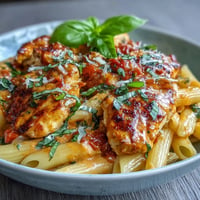 Creamy Tomato Basil Chicken Pasta rich with tender chicken and fragrant basil.
