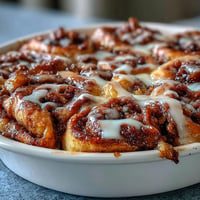 Warm peach cobbler cinnamon roll casserole swirled with gooey icing and peaches.