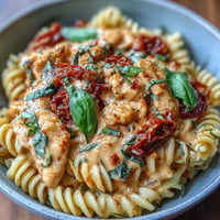 Creamy Tomato Basil Chicken Pasta with tender chicken and vibrant basil coating pasta.