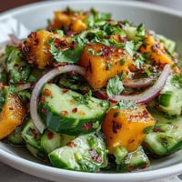 Vibrant Mango Tajín Cucumber Salad with lime, cilantro, and a spicy kick.
