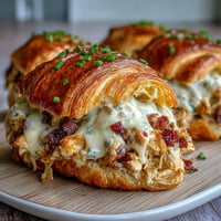 Golden brown chicken bacon ranch croissant sliders piled high on a platter.