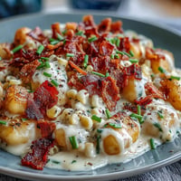 Golden Creamy Corn and Bacon Gnocchi, topped with fresh chives.