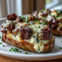 Garlic butter steakhouse stuffed potatoes: juicy steak filling, melted cheese, golden potato shells.