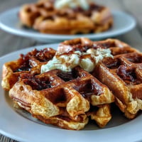 Golden brown sweet potato cinnamon waffles piled high, ready for syrup.