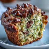 Golden brown Zucchini Chocolate Chip Breakfast Muffins studded with melted chocolate chips.